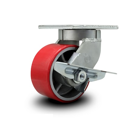 Service Caster 6 Inch Extra Heavy Duty Red Poly on Cast Iron Wheel Swivel Caster with Brake SCC-KP92S630-PUR-RS-SLB